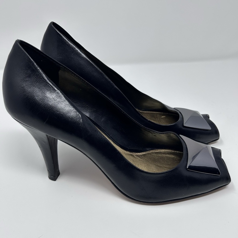 Antonio Melani Black With Metallic Accent Leather Peep Toe Heels Dress Shoes 8.